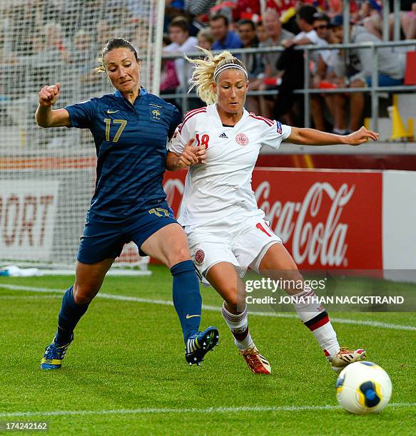 France's midfielder Gaetane Thiney vies with Denmark's defender Theresa Nielsen during the UEFA Women's European Championship Euro 2013 quarter final...