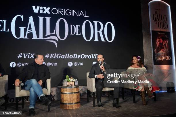 Plutarco Haza, Lucero and José Ron speak during the press conference of premiere of `El Gallo de Oro´ serie at Restauramte Arroyo on October 17, 2023...