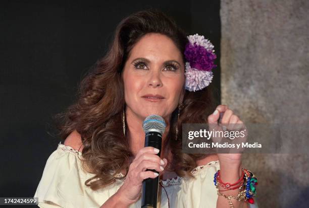 Lucero speaks during the Press Conference of premiere of `El Gallo de Oro´ serie at Restauramte Arroyo on October 17, 2023 in Mexico City, Mexico.