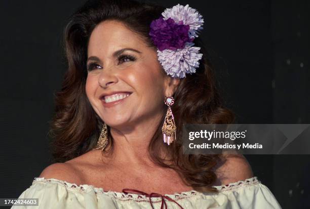 Lucero attends during the Press Conference of premiere of `El Gallo de Oro´ serie at Restauramte Arroyo on October 17, 2023 in Mexico City, Mexico.