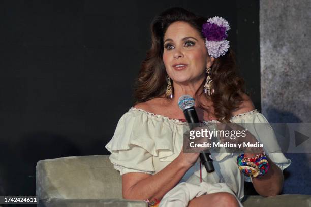 Lucero speaks during the Press Conference of premiere of `El Gallo de Oro´ serie at Restauramte Arroyo on October 17, 2023 in Mexico City, Mexico.