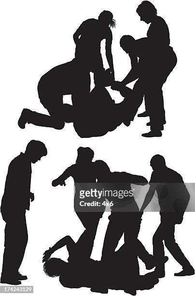 four people beating a man - gang crime stock illustrations