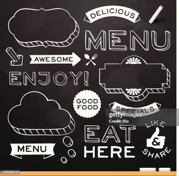 ilustraciones, imágenes clip art, dibujos animados e iconos de stock de chalkboard menú del restaurante elements - menu