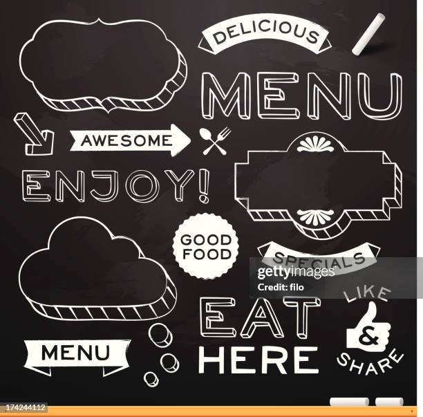 illustrations, cliparts, dessins animés et icônes de chalkboard menu du restaurant elements - super aliments