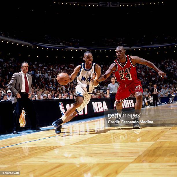 Anfernee Hardaway of the Orlando Magic drives against Jamal Mashburn of the Miami Heat during Game 4 in Round 1 of the Eastern Conference Playoffs...