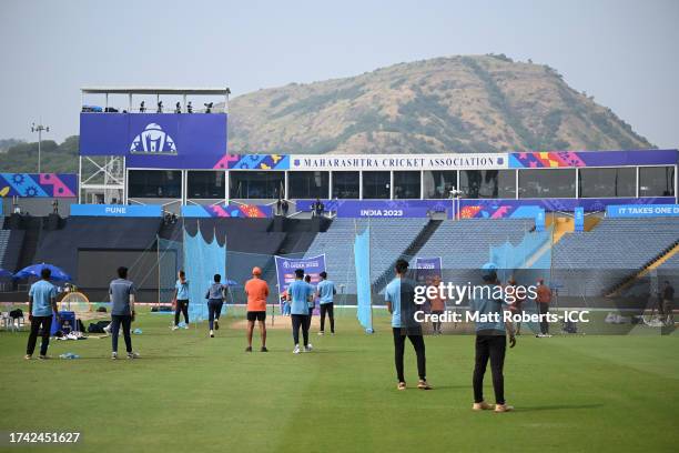 General view during the ICC Men's Cricket World Cup India 2023 India & Bangladesh Net Sessions at MCA International Stadium on October 18, 2023 in...