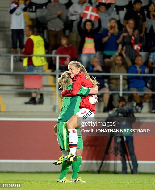 Denmark's goalkeeper Stina Petersen and forward Emma Madsen celebrate after winning in the penalty shootout the UEFA Women's European Championship...