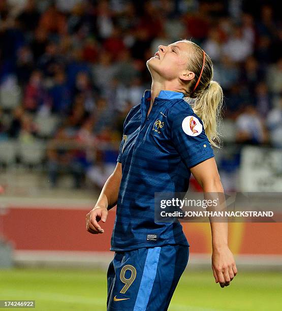 France's forward Eugnie Le Sommer reacts during the UEFA Women's European Championship Euro 2013 quarter final football match France vs Denmark on...