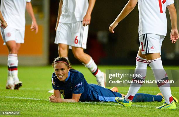 France's midfielder Camille Abily reacts during the UEFA Women's European Championship Euro 2013 quarter final football match France vs Denmark on...