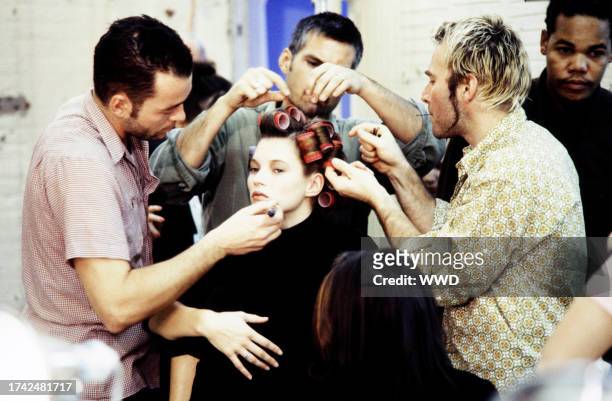 Model Kate Moss backstage at the Calvin Klein Spring 1997 Ready to Wear Runway Show on November 1 in New York City.