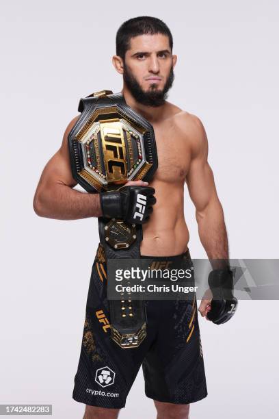 Islam Makhachev poses for a portrait during a UFC photo session on October 18, 2023 in Yas Island, Abu Dhabi, United Arab Emirates.