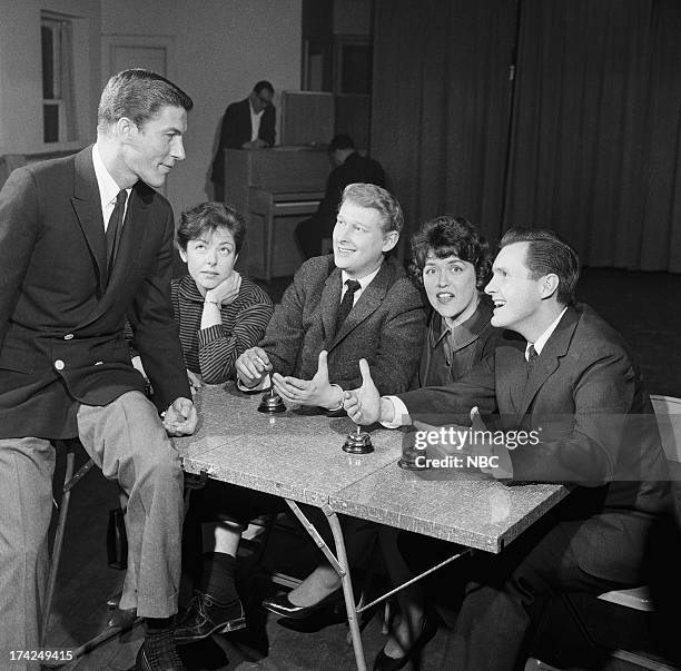 Episode 101 -- Pictured: Host Dick Van Dyke, panelists Elaine May, Mike Nichols, Dorothy Loudon, guest panelist Orson Bean during rehearsal for the...