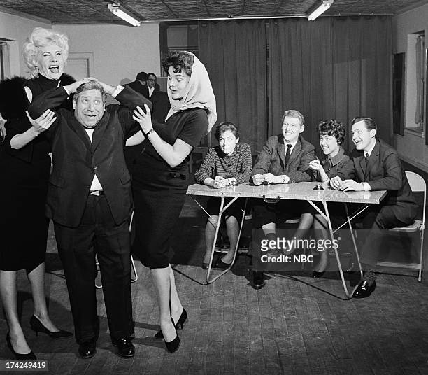 Episode 101 -- Pictured: Regular comedic performers Michael Enserro, Marilyn Hanold, panelists Elaine May, Mike Nichols, Dorothy Loudon, guest...