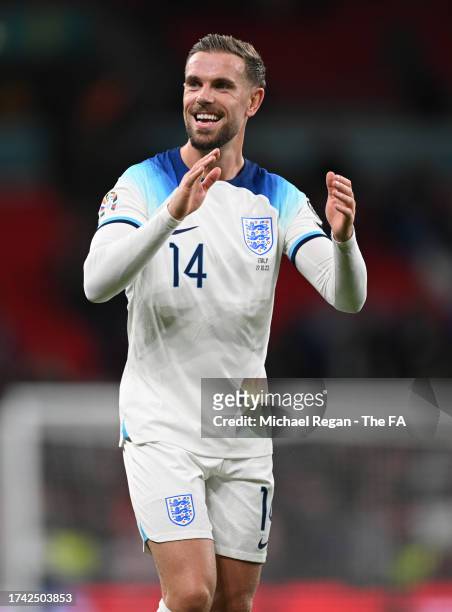 Jordan Henderson of England in action during the UEFA EURO 2024 European qualifier match between England and Italy at Wembley Stadium on October 17,...