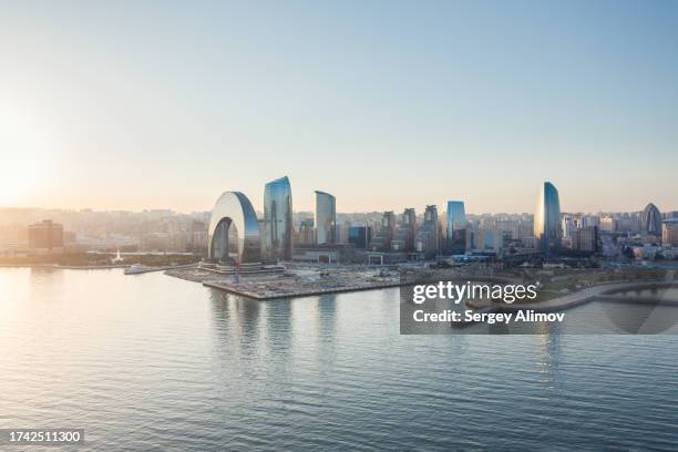 Panoramic Skyline Of Baku Modern Downtown Between Blue Sky And Sea