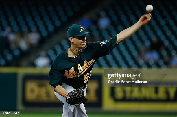 Tommy Milone of the Oakland Athletics throws a pitch in the third inning against the Houston Astros at Minute Maid Park on July 22, 2013 in Houston,...