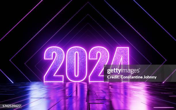 futuristic neon light 2024 text on abstract reflective floor - ceremony fotografías e imágenes de stock