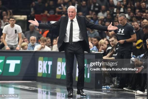 Head Coach Zeljko Obradovic of Partizan Mozzart Bet Belgrade reacts during the 2023/2024 Turkish Airlines EuroLeague match between Partizan Mozzart...