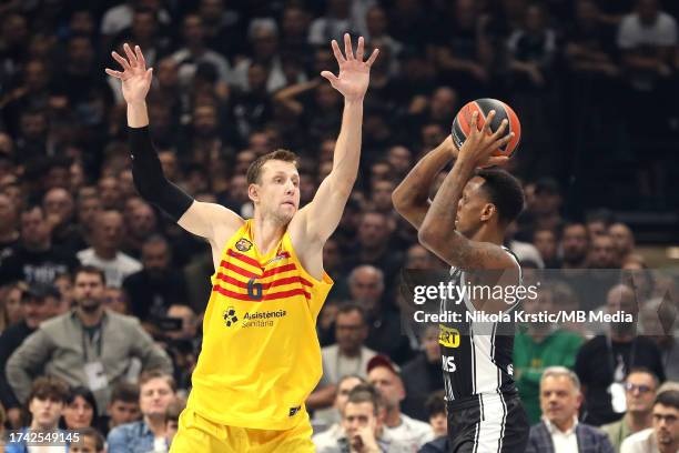 Jan Vesely of FC Barcelona defending during the 2023/2024 Turkish Airlines EuroLeague match between Partizan Mozzart Bet Belgrade and FC Barcelona at...