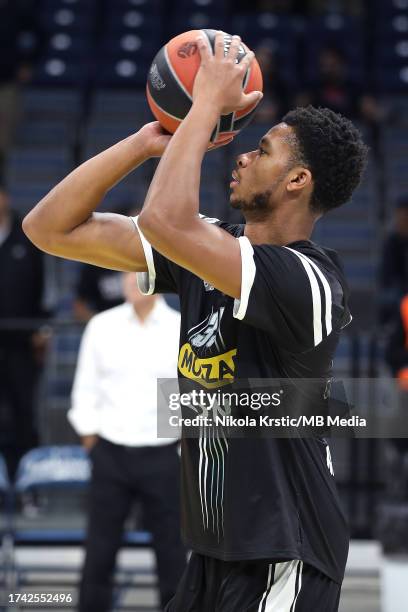 Perry Dozie JR of Partizan Mozzart Bet Belgrade warms up during the 2023/2024 Turkish Airlines EuroLeague match between Partizan Mozzart Bet Belgrade...