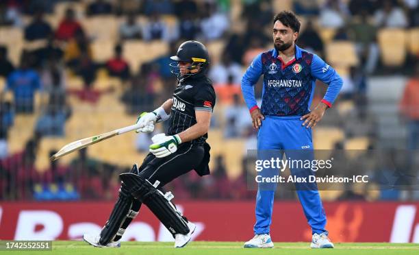 Rashid Khan of Afghanistan reacts during the ICC Men's Cricket World Cup India 2023 between New Zealand and Afghanistan at MA Chidambaram Stadium on...