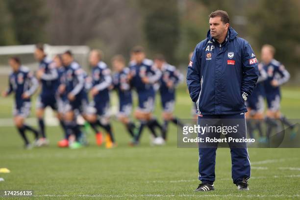 Coach Ange Posgtecoglou looks on during a Melbourne Victory training session at Gosch's Paddock on July 23, 2013 in Melbourne, Australia.