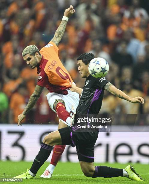 Mauro Icardi of Galatasaray in action against Kim Minjae of Bayern Munich during the UEFA Champions League Group A week 3 soccer match between...