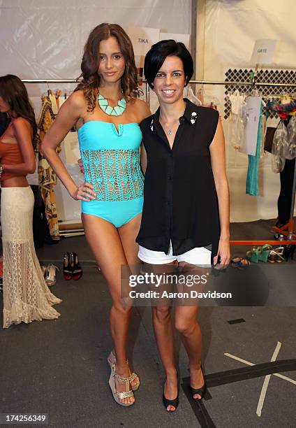 Designer Naila Chbib poses backstage at the Naila/ Sauvage/ Zingara Swimwear show At Mercedes-Benz Fashion Week Swim 2014 at Cabana Grande at the...