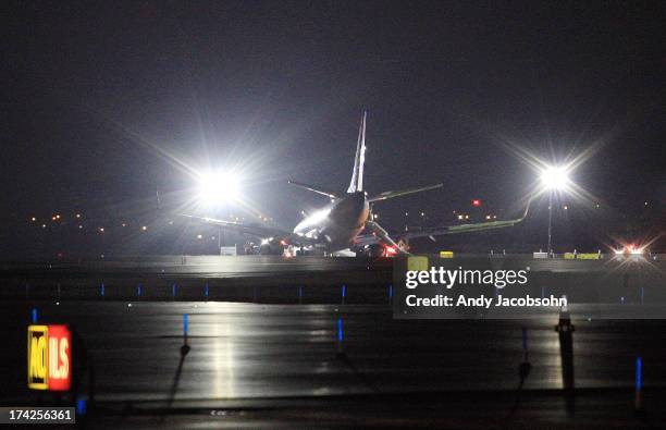 Southwest Airlines Flight 345 remains on runway 4 at LaGuardia Airport in the Queens borough of New York City. The flight, which originated in...