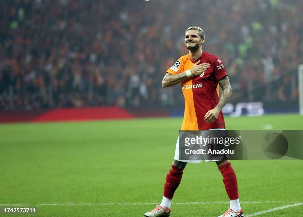 Mauro Icardi of Galatasaray celebrates after scoring a goal during the UEFA Champions League Group A week 3 soccer match between Galatasaray and...