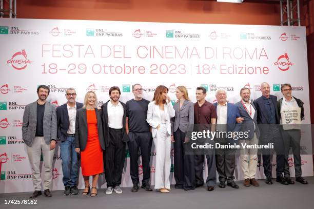 Francesco Centorame, Valerio Mastandrea, Paola Cortellesi, Emanuela Fanelli, Vinicio Marchioni, and Giorgio Colangeli attend a photocall for the...