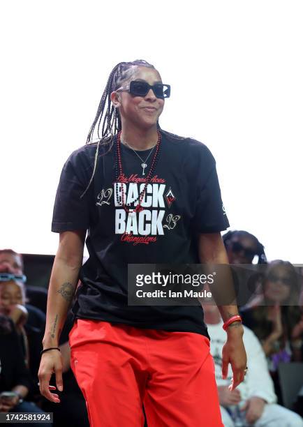 Candace Parker of the Las Vegas Aces celebrates during the 2023 WNBA championship victory parade and rally on the Las Vegas Strip on October 23, 2023...