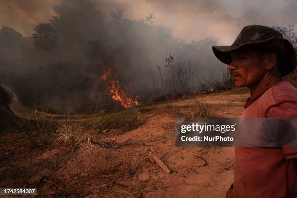 Manaus, 4th Oct 2023 - A mixed area of fields and Amazon rainforest is burning uncontrollably, while nearby residents attempt to contain the flames....