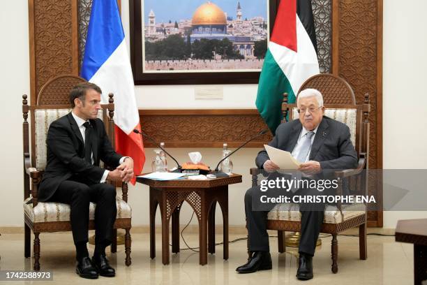 French President Emmanuel Macron meets with Palestinian President Mahmoud Abbas on October 24, 2023 in the West Bank city of Ramallah. Macron's visit...