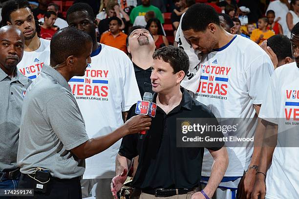 Head Coach Darren Erman of the Golden State Warriors speaks with NBA TV after the game against the Phoenix Suns during NBA Summer League Championship...
