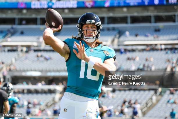 Trevor Lawrence of the Jacksonville Jaguars warms up prior to an NFL game against the Indianapolis Colts at EverBank Field on October 15, 2023 in...