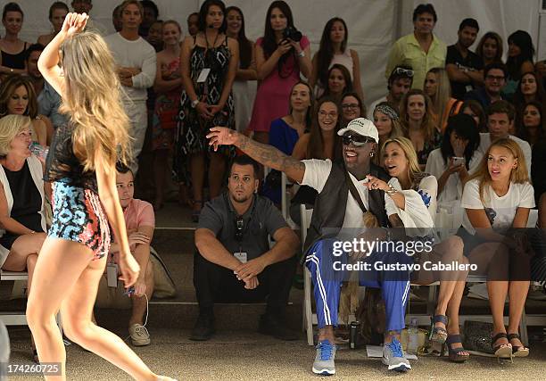 Dennis Rodman, Lisa Pliner and Alexis Rodman attend Anna Kosturova/Beach Riot/Lolli Swim/Manglar/Indah show at Mercedes-Benz Fashion Week Swim 2014...