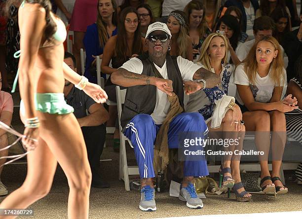 Dennis Rodman, Lisa Pliner and Alexis Rodman attend Anna Kosturova/Beach Riot/Lolli Swim/Manglar/Indah show at Mercedes-Benz Fashion Week Swim 2014...