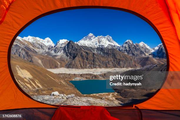 view of mount everest from tent, nepalese himalayas - gokyo valley stock pictures, royalty-free photos & images
