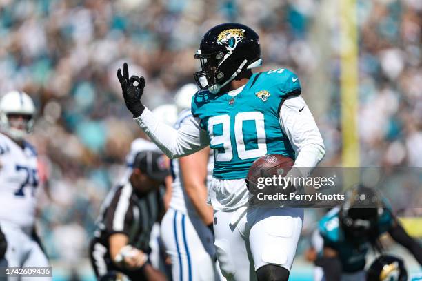 Angelo Blackson of the Jacksonville Jaguars celebrates during an NFL game against the Indianapolis Colts at EverBank Field on October 15, 2023 in...