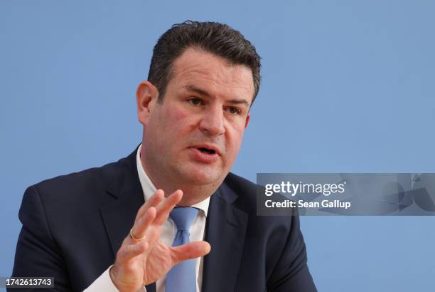 Federal Labour Minister Hubertus Heil speaks to the media to present Germany's "Job Turbo" initiative to accelerate the integration of migrants into...
