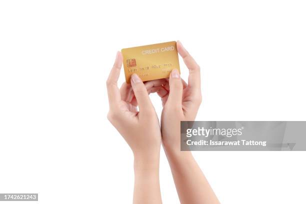 bank debit card mockup, template in hands. blank credit plastic bankcard with chip isolated on white background. - mockup identity photos et images de collection
