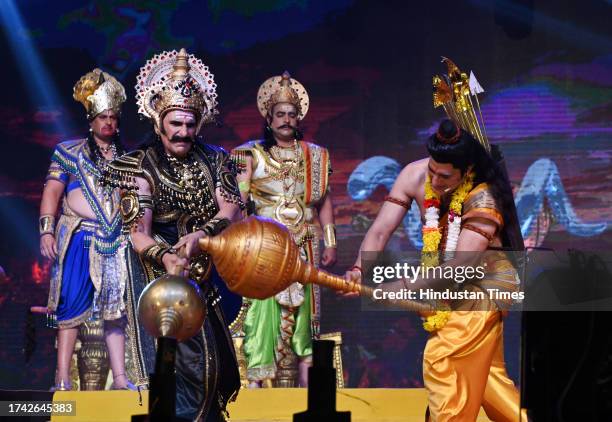 Artists performs during Dussehra celebration at Lav Kush Ramlila at Red Fort Ground on October 24, 2023 in New Delhi, India.