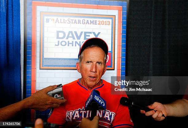 Manager Davey Johnson of the Washington Nationals answers questions during media availability prior to All-Star Workout Day on July 15, 2013 at Citi...