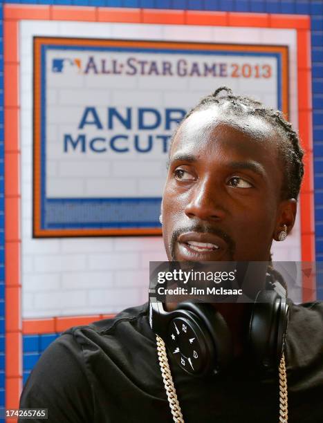 Andrew McCutchen of the Pittsburgh Pirates answers questions during media availability prior to All-Star Workout Day on July 15, 2013 at Citi Field...