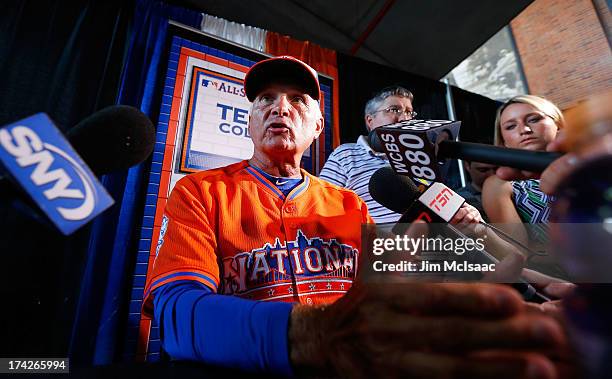 Manager Terry Collins of the New York Mets answers questions during media availability prior to All-Star Workout Day on July 15, 2013 at Citi Field...