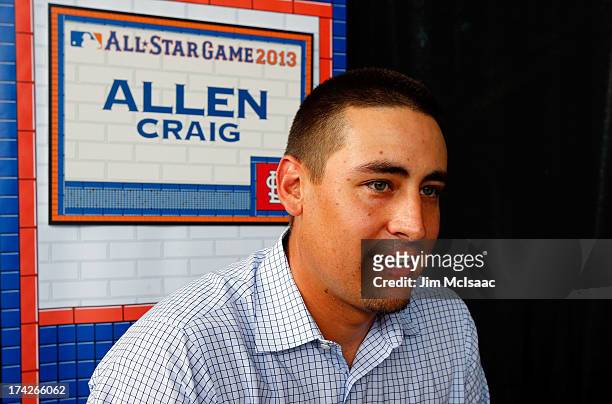 Allen Craig of the St. Louis Cardinals answers questions during media availability prior to All-Star Workout Day on July 15, 2013 at Citi Field in...