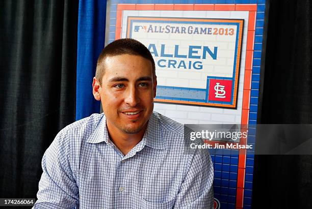 Allen Craig of the St. Louis Cardinals answers questions during media availability prior to All-Star Workout Day on July 15, 2013 at Citi Field in...