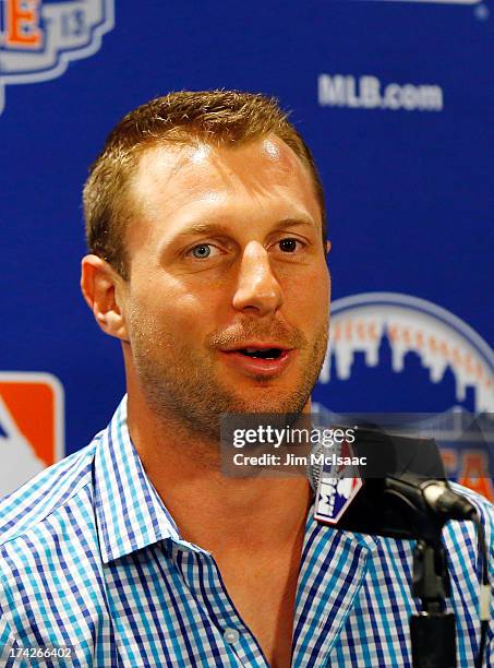 Max Scherzer of the Detroit Tigers answers questions during media availability prior to All-Star Workout Day on July 15, 2013 at Citi Field in the...