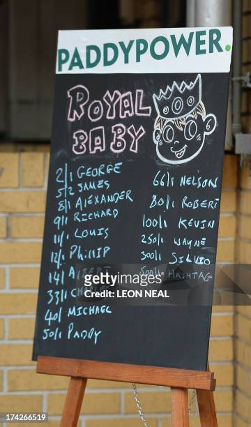 Chalkboard placed on an easel displays the latest odds for the name of the royal baby from a leading bookmaker outside The Lindo Wing of Saint Mary's...